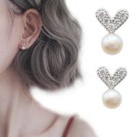 Brass Stud Earring, with Plastic Pearl, Heart, platinum plated, for woman & with rhinestone, 6mm, 11x7mm, Sold By Pair