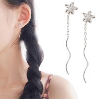laiton boucles d'oreilles chaîne, fleur, Plaqué de platine, pour femme, 6mm, 35mm, Vendu par paire