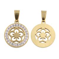 Stainless Steel Pendants, Flat Round, gold color plated, with rhinestone, original color, 23x20x2mm, Hole:Approx 2mm, 10PCs/Bag, Sold By Bag