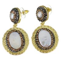 Rhinestone Clay Pave Drop Earring, with rubber earnut & Freshwater Pearl & Brass, gold color plated, for woman, 45mm, 25x29mm, 10Pairs/Lot, Sold By Lot