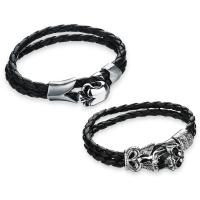 Cowhide Bracelet 316L Stainless Steel with Cowhide Skull Unisex & blacken original color 14-17mm Sold Per Approx 8.5 Inch Strand