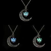 Luminated Necklace, Tibetan Style, with Fluorescent Powder Stone, with 5cm extender chain, Moon, platinum color plated, rolo chain & for woman & hollow, more colors for choice, lead & cadmium free, 40x31x1.50mm, Sold Per Approx 18.5 Inch Strand