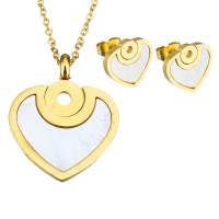 Fashion Stainless Steel Jewelry Sets, earring & necklace, with White Shell, Heart, gold color plated, oval chain & for woman, 23x27mm, 1.5mm, 13x13mm, Length:Approx 17 Inch, Sold By Set