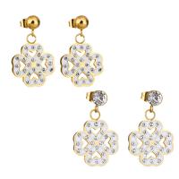 Stainless Steel Drop Earring, with Rhinestone Clay Pave, Flower, gold color plated, different styles for choice & for woman, 30mm, 18.5x22mm, 6Pairs/Lot, Sold By Lot