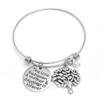 Stainless Steel Bangle, with Plastic Pearl, platinum plated, charm bracelet & tree of life design & Mother Day Jewelry & Unisex & adjustable & with letter pattern & enamel, Inner Diameter:Approx 66mm, Sold By PC
