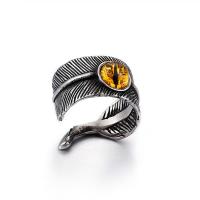 Titanium Steel Nyílt Finger Ring, -val Cats Eye, Levél növényen, különböző méretű a választás & az ember & megfeketedik, fekete, 13mm, Által értékesített PC