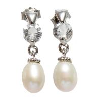 Freshwater Pearl Earrings with Rhinestone brass post pin Teardrop natural white 7-8mm Sold By Pair