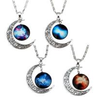 Time Gem Jewelry Necklace, Tibetan Style, with Paper, Moon, silver color plated, Unisex & valentino chain & different designs for choice & epoxy gel, nickel, lead & cadmium free, 34x40mm, 20x24mm, 2.5mm, Sold Per Approx 18 Inch Strand
