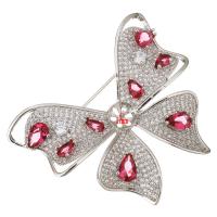 Brass Brooch Findings, with Crystal, Butterfly, platinum plated, micro pave cubic zirconia & faceted, 55x45x12mm, 1mm, Inner Diameter:Approx 8mm, 5PCs/Lot, Sold By Lot