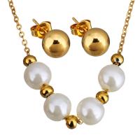 Conjuntos de joyería de acero inoxidable, pendiente & collar, con Perlas de vidrio, chapado en color dorado, cadena oval & para mujer, 8mm, 1mm, 8mm, longitud:aproximado 17 Inch, Vendido por Set