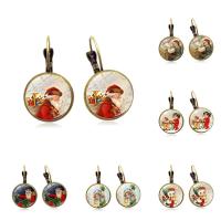 Christmas Earrings Zinc Alloy with Glass iron earring lever back clip Flat Round antique bronze color plated time gem jewelry & Christmas jewelry & for woman & decal lead & cadmium free Sold By Pair