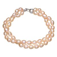 Freshwater Cultured Pearl Bracelet, Freshwater Pearl, brass foldover clasp, Rice, natural, for woman & with cubic zirconia & 2-strand, pink, 5-6mm, Sold Per Approx 7.5 Inch Strand