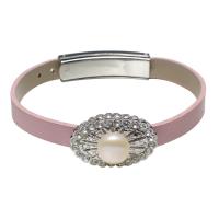 PU Leather Cord Bracelets, with Freshwater Pearl & Brass, platinum color plated, for woman & with rhinestone, pink, 26x17.5x15mm, Sold Per Approx 8 Inch Strand