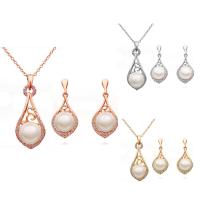 Zinc Alloy Jewelry Sets earring & necklace with ABS Plastic Pearl & iron chain stainless steel post pin with 5cm extender chain Teardrop plated oval chain & for woman & with rhinestone lead & cadmium free  Length Approx 15.5 Inch Sold By Set