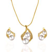 Tibetan Style Jewelry Sets, Stud Earring & necklace, with ABS Plastic Pearl & iron chain, stainless steel post pin, gold color plated, snake chain & for woman & with rhinestone, lead & cadmium free, 27mm, 20mm, Length:Approx 16 Inch, Sold By Set