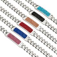 Stainless Steel Jewelry Bracelet, 316L Stainless Steel, with Rhinestone Clay Pave, with 1.5Inch extender chain, plated, Unisex & curb chain, more colors for choice, 45x11mm, Sold Per Approx 7.4 Inch Strand