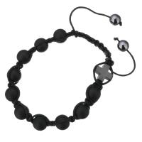 agate noire bracelet de Woven Ball, avec corde en nylon & Hématite, croix, unisexe & réglable & givré, 10mm, Longueur:Environ 7-11 pouce, 10Strandstoron/lot, Vendu par lot