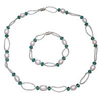 Natural Cultured Freshwater Pearl Jewelry Sets, bracelet & necklace, with Crystal & Glass Seed Beads, brass magnetic clasp, Rice, for woman & faceted, 7-8mm, Length:Approx 17 Inch, Approx 6.5 Inch, Sold By Set