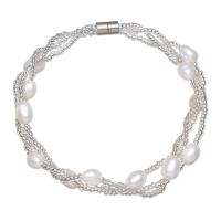 Freshwater Kulturperler Pearl Bracelet, Ferskvandsperle, med Glas Seed Beads, messing magnetlås, Ris, naturlig, for kvinde, hvid, 6-7mm, Solgt Per Ca. 7 inch Strand