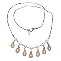 Freshwater Pearl Brass Necklace with Brass Rice natural ball chain & for woman & with rhinestone pink 6-7mm Sold Per Approx 16.5 Inch Strand