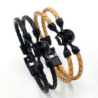 Men Bracelet Cowhide with Zinc Alloy with 2Inch extender chain Skull plumbum black color plated for man Sold Per Approx 8.5 Inch Strand