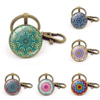Fashion Time Gem Keychain Key Ring, Tibetan Style, with iron ring & Glass, Flat Round, antique bronze color plated, time gem jewelry & Unisex & different designs for choice & decal, lead & cadmium free, 25x92mm, Sold By PC