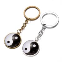 Fashion Time Gem Keychain Key Ring, Tibetan Style, with iron ring & Glass, Flat Round, plated, time gem jewelry & ying yang & Unisex & decal, more colors for choice, lead & cadmium free, 28mm, Sold By PC