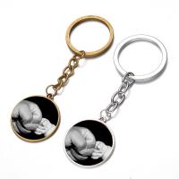 Fashion Time Gem Keychain Key Ring, Tibetan Style, with iron ring & Glass, Flat Round, plated, time gem jewelry & Unisex & decal, more colors for choice, lead & cadmium free, 28mm, Sold By PC