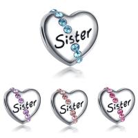 Tibetan Style European Beads, Heart, word sister, platinum color plated, without troll & enamel & with rhinestone, more colors for choice, lead & cadmium free, 11x11mm, Hole:Approx 4-4.5mm, 20PCs/Bag, Sold By Bag
