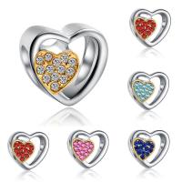 Tibetan Style European Beads, Heart, plated, without troll & with rhinestone, more colors for choice, lead & cadmium free, 10x10mm, Hole:Approx 4-4.5mm, 20PCs/Bag, Sold By Bag