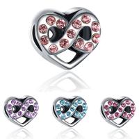 Tibetan Style European Beads, Heart, antique silver color plated, without troll & with rhinestone, more colors for choice, lead & cadmium free, 11x10mm, Hole:Approx 4-4.5mm, 20PCs/Bag, Sold By Bag