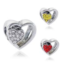 Tibetan Style European Beads, Heart, platinum color plated, without troll & with rhinestone, more colors for choice, lead & cadmium free, 10-15mm, Hole:Approx 4-4.5mm, 20PCs/Bag, Sold By Bag