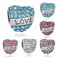 Tibetan Style European Beads, Heart, word love, antique silver color plated, without troll & with rhinestone, more colors for choice, lead & cadmium free, 8-12mm, Hole:Approx 4-4.5mm, 20PCs/Bag, Sold By Bag