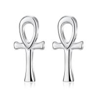 925 Sterling Silver Stud Earrings, Ankh Cross, platinum plated, for woman, nickel, lead & cadmium free, 12.5x5.9mm, Sold By Pair