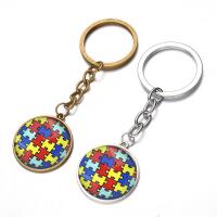 Fashion Time Gem Keychain Key Ring, Tibetan Style, with iron ring & Glass, Flat Round, plated, time gem jewelry & Unisex & decal, more colors for choice, lead & cadmium free, 28mm, Sold By PC
