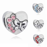 Tibetan Style European Beads, Heart, antique silver color plated, without troll & with rhinestone, more colors for choice, lead & cadmium free, 10x10mm, Hole:Approx 4-4.5mm, 20PCs/Bag, Sold By Bag