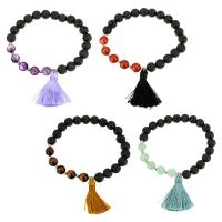 Gemstone Bracelets, Lava, with Nylon Cord & Brass, Tassel, platinum color plated, charm bracelet & different materials for choice & Unisex, 35mm, 9mm, 8mm, Sold Per Approx 8 Inch Strand