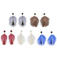 Fashion Feather Earring, Tibetan Style, with Feather & Nylon Cord & Glass Seed Beads, brass post pin, gold color plated, Bohemian style & for woman, more colors for choice, nickel, lead & cadmium free, 60x130mm, Sold By Pair