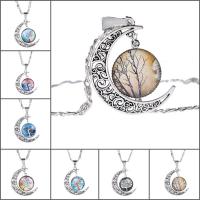 Time Gem Jewelry Necklace, Tibetan Style, with iron chain & Glass, with 5cm extender chain, Moon, antique silver color plated, tree of life design & Unisex & valentino chain & different designs for choice & decal, lead & cadmium free, 25mm, Sold Per Approx 17.5 Inch Strand
