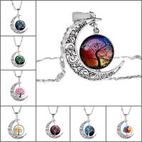 Time Gem Jewelry Necklace Zinc Alloy with iron chain & Glass with 5cm extender chain Moon antique silver color plated tree of life design & Unisex & valentino chain & decal lead & cadmium free 25mm Sold Per Approx 17.5 Inch Strand