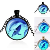 Time Gem Jewelry Necklace, Tibetan Style, with iron chain & Glass, with 5cm extender chain, Flat Round, plated, ocean design & Unisex & oval chain & decal, more colors for choice, lead & cadmium free, 25mm, Sold Per Approx 17.5 Inch Strand