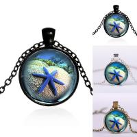 Time Gem Jewelry Necklace, Tibetan Style, with iron chain & Glass, with 5cm extender chain, Flat Round, plated, ocean design & Unisex & oval chain & decal, more colors for choice, lead & cadmium free, 25mm, Sold Per Approx 17.5 Inch Strand