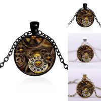 Time Gem Jewelry Necklace, Tibetan Style, with iron chain & Glass, with 5cm extender chain, Flat Round, plated, clock design & Unisex & oval chain & decal, more colors for choice, lead & cadmium free, 25mm, Sold Per Approx 17.5 Inch Strand