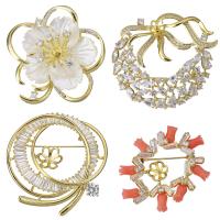 Brass Brooch Findings, with White Shell & Resin, real gold plated, different styles for choice & with cubic zirconia, Sold By PC