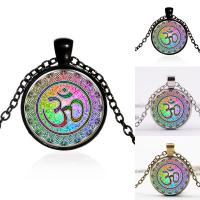 Time Gem Jewelry Necklace, Tibetan Style, with iron chain & Glass, with 5cm extender chain, Flat Round, plated, with om symbol & Unisex & oval chain & decal, more colors for choice, lead & cadmium free, 25mm, Sold Per Approx 17.5 Inch Strand