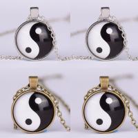 Time Gem Jewelry Necklace, Tibetan Style, with iron chain & Glass, with 5cm extender chain, Flat Round, plated, ying yang & Unisex & oval chain & decal, more colors for choice, lead & cadmium free, 25mm, Sold Per Approx 17.5 Inch Strand