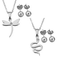 Fashion Stainless Steel Jewelry Sets, earring & necklace, oval chain & different styles for choice & for woman & with rhinestone, original color, Length:Approx 17 Inch, Sold By Set