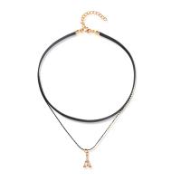 Fashion Choker Necklace, PU Leather, with acrylic rhinestone & Tibetan Style, with 6.5cm extender chain, gold color plated, for woman & 2-strand, 17mm, Sold Per Approx 13 Inch Strand