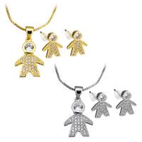 Brass Jewelry Set, earring & necklace, with rubber earnut, Boy, plated, box chain & for woman & with cubic zirconia, more colors for choice, 12x17mm, 1mm, 9.5x11.5mm, Length:Approx 18 Inch, 5Sets/Lot, Sold By Lot