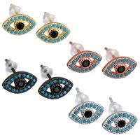 Evil Eye Earrings, Brass, with rubber earnut, plated, for woman & with cubic zirconia, more colors for choice, 11x7mm, 5Pairs/Lot, Sold By Lot